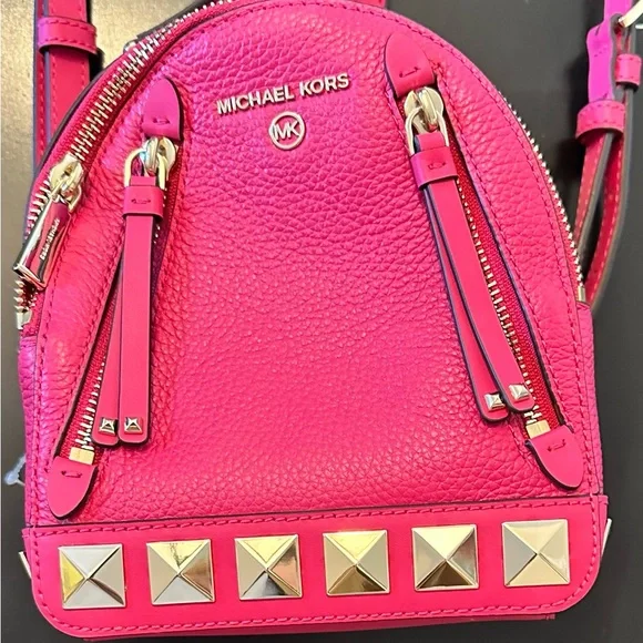 Michael Kors, hot pink leather backpack with gold studded details. NWOT. - Picture 3 of 6